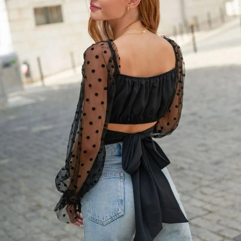 SHEIN - Dobby Mesh Sleeve Ruched Bust Tie Back Top - Picture 2 of 4